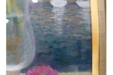 真作　奥西賀男　油彩　変6号　「花(III)」　水辺の花瓶を描いた絵画　外箱付き　(R-087407)
