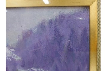 真作　奥西賀男　油彩　変6号　「花(III)」　水辺の花瓶を描いた絵画　外箱付き　(R-087407)