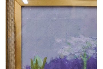 真作　奥西賀男　油彩　変6号　「花(III)」　水辺の花瓶を描いた絵画　外箱付き　(R-087407)