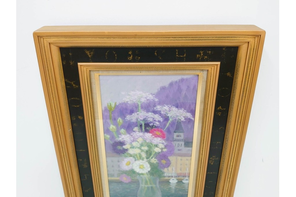真作　奥西賀男　油彩　変6号　「花(III)」　水辺の花瓶を描いた絵画　外箱付き　(R-087407)