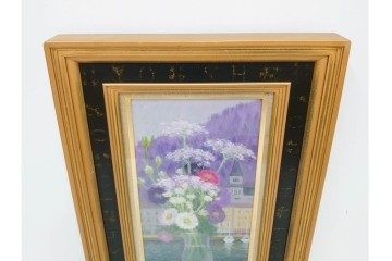 真作　奥西賀男　油彩　変6号　「花(III)」　水辺の花瓶を描いた絵画　外箱付き　(R-087407)