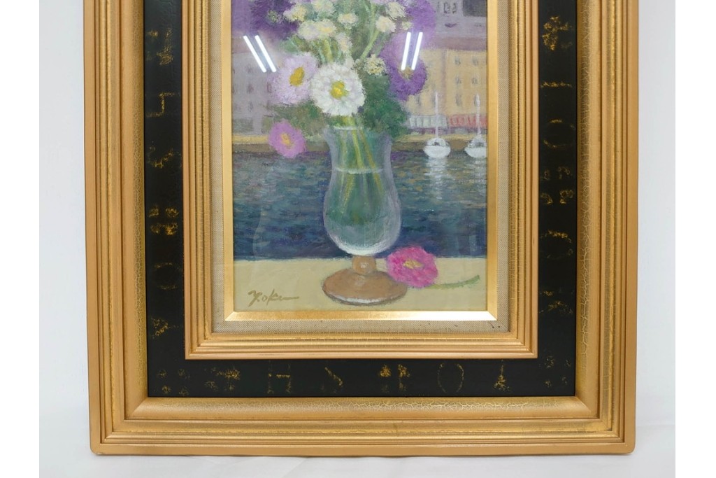 真作　奥西賀男　油彩　変6号　「花(III)」　水辺の花瓶を描いた絵画　外箱付き　(R-087407)