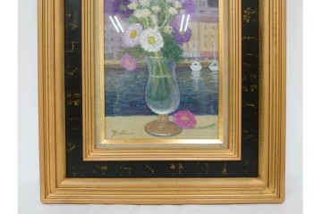真作　奥西賀男　油彩　変6号　「花(III)」　水辺の花瓶を描いた絵画　外箱付き　(R-087407)