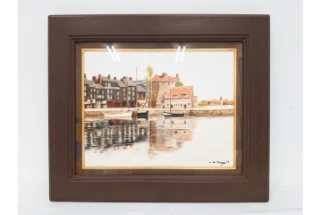 真作　塚越仁慈　油彩　F6号　「オンフルール港風景」　水辺の街並みを描いた絵画　外箱付き　(R-087408)