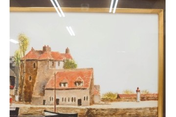 真作　塚越仁慈　油彩　F6号　「オンフルール港風景」　水辺の街並みを描いた絵画　外箱付き　(R-087408)
