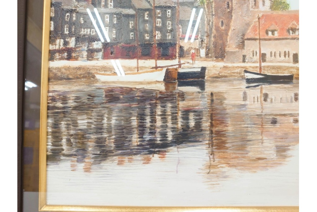 真作　塚越仁慈　油彩　F6号　「オンフルール港風景」　水辺の街並みを描いた絵画　外箱付き　(R-087408)
