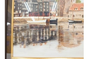 真作　塚越仁慈　油彩　F6号　「オンフルール港風景」　水辺の街並みを描いた絵画　外箱付き　(R-087408)