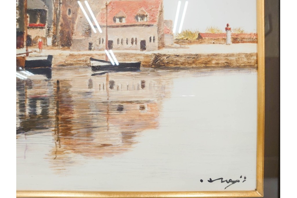 真作　塚越仁慈　油彩　F6号　「オンフルール港風景」　水辺の街並みを描いた絵画　外箱付き　(R-087408)