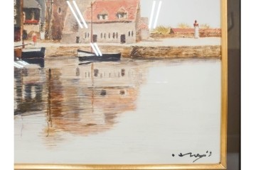 真作　塚越仁慈　油彩　F6号　「オンフルール港風景」　水辺の街並みを描いた絵画　外箱付き　(R-087408)