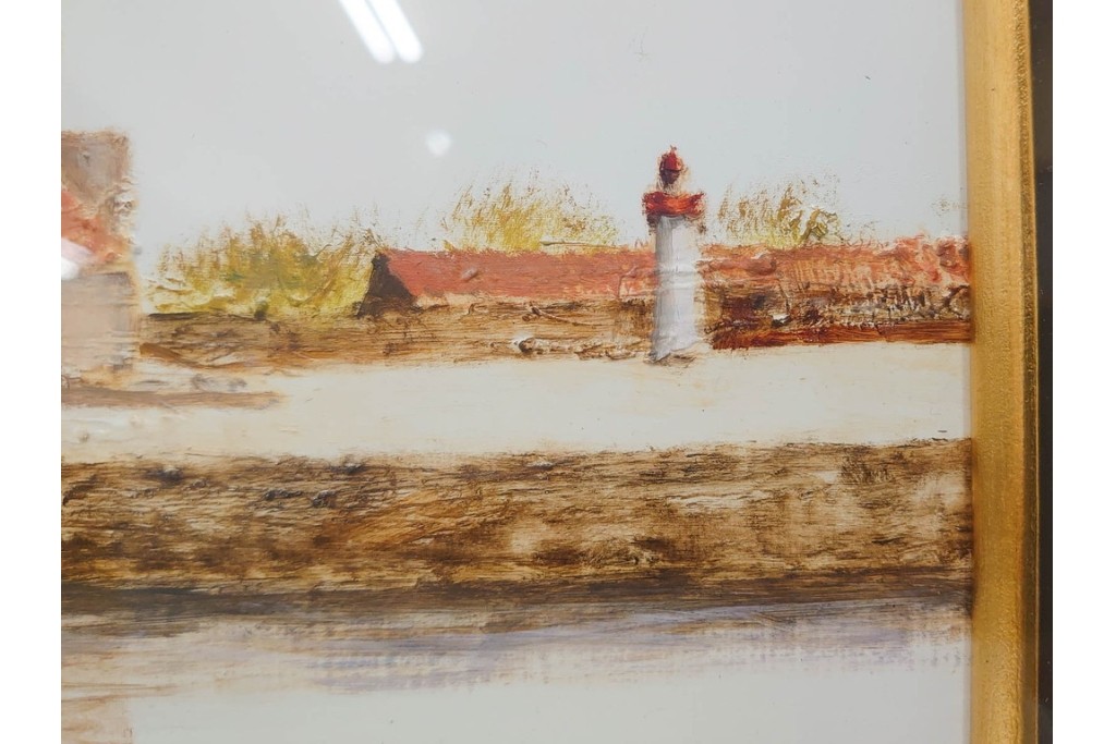 真作　塚越仁慈　油彩　F6号　「オンフルール港風景」　水辺の街並みを描いた絵画　外箱付き　(R-087408)