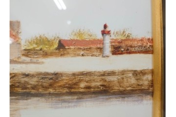 真作　塚越仁慈　油彩　F6号　「オンフルール港風景」　水辺の街並みを描いた絵画　外箱付き　(R-087408)
