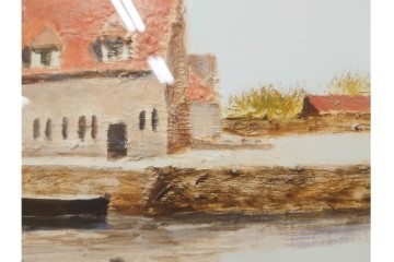 真作　塚越仁慈　油彩　F6号　「オンフルール港風景」　水辺の街並みを描いた絵画　外箱付き　(R-087408)