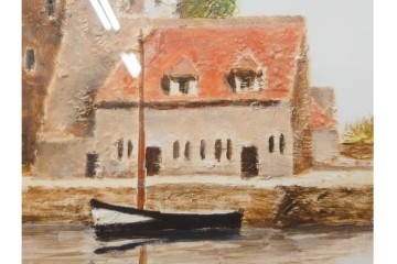 真作　塚越仁慈　油彩　F6号　「オンフルール港風景」　水辺の街並みを描いた絵画　外箱付き　(R-087408)