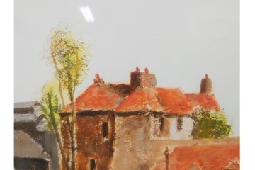 真作　塚越仁慈　油彩　F6号　「オンフルール港風景」　水辺の街並みを描いた絵画　外箱付き　(R-087408)