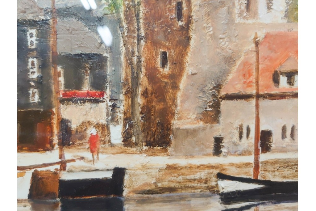 真作　塚越仁慈　油彩　F6号　「オンフルール港風景」　水辺の街並みを描いた絵画　外箱付き　(R-087408)