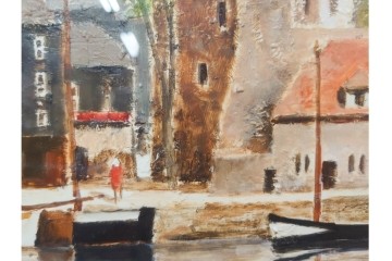 真作　塚越仁慈　油彩　F6号　「オンフルール港風景」　水辺の街並みを描いた絵画　外箱付き　(R-087408)
