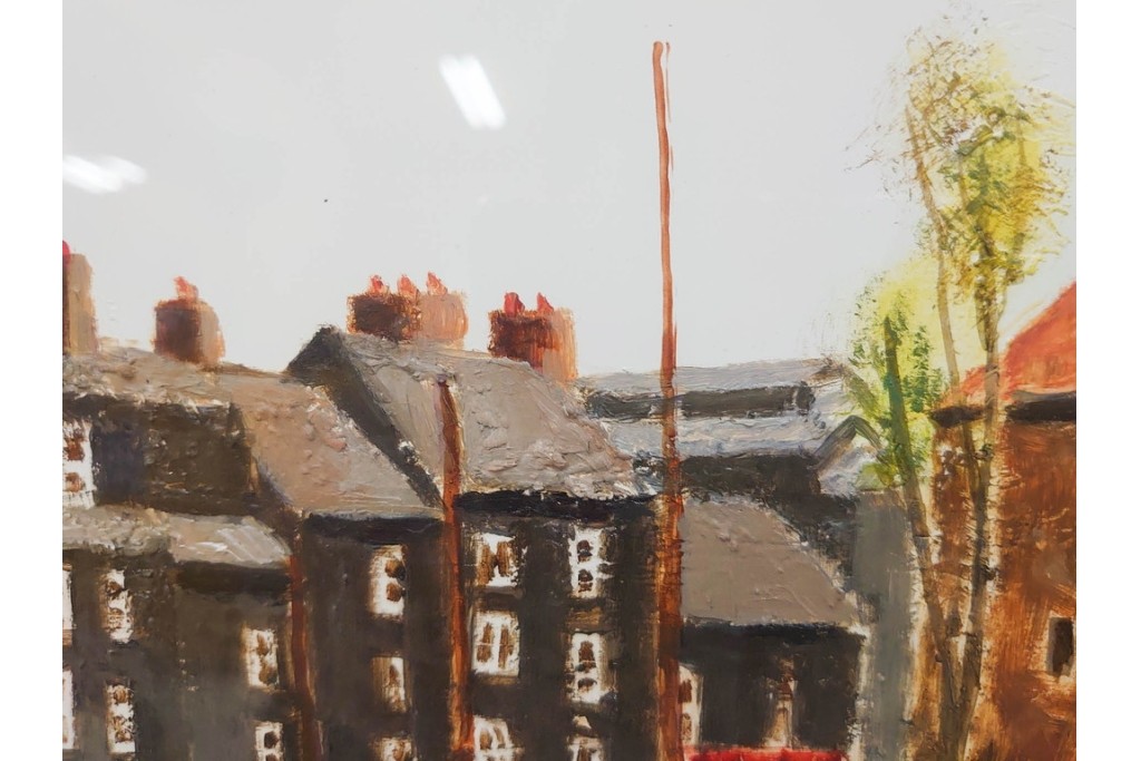 真作　塚越仁慈　油彩　F6号　「オンフルール港風景」　水辺の街並みを描いた絵画　外箱付き　(R-087408)