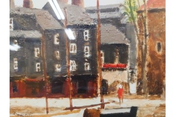 真作　塚越仁慈　油彩　F6号　「オンフルール港風景」　水辺の街並みを描いた絵画　外箱付き　(R-087408)