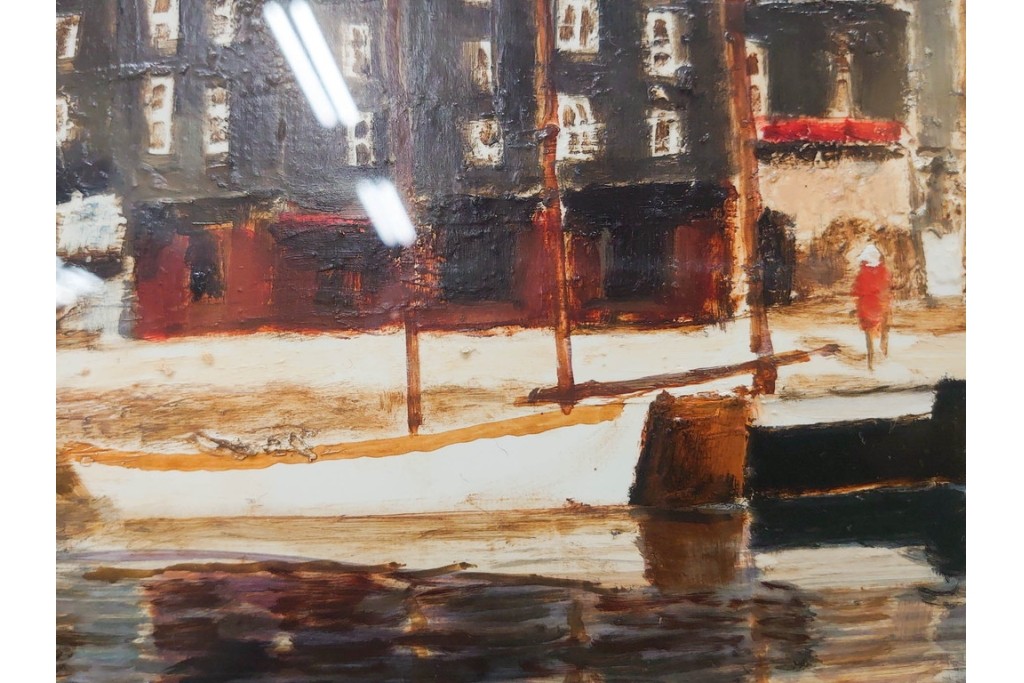 真作　塚越仁慈　油彩　F6号　「オンフルール港風景」　水辺の街並みを描いた絵画　外箱付き　(R-087408)