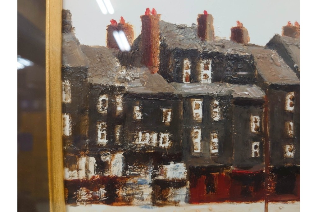 真作　塚越仁慈　油彩　F6号　「オンフルール港風景」　水辺の街並みを描いた絵画　外箱付き　(R-087408)