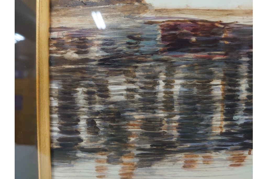 真作　塚越仁慈　油彩　F6号　「オンフルール港風景」　水辺の街並みを描いた絵画　外箱付き　(R-087408)
