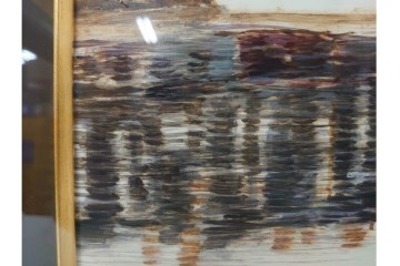 真作　塚越仁慈　油彩　F6号　「オンフルール港風景」　水辺の街並みを描いた絵画　外箱付き　(R-087408)