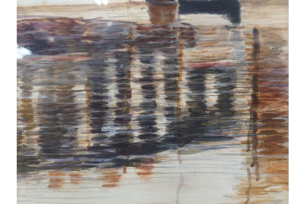真作　塚越仁慈　油彩　F6号　「オンフルール港風景」　水辺の街並みを描いた絵画　外箱付き　(R-087408)
