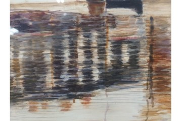 真作　塚越仁慈　油彩　F6号　「オンフルール港風景」　水辺の街並みを描いた絵画　外箱付き　(R-087408)