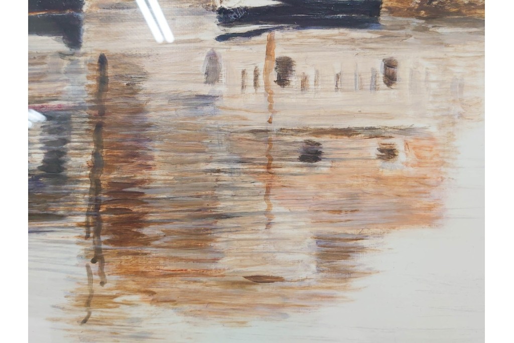 真作　塚越仁慈　油彩　F6号　「オンフルール港風景」　水辺の街並みを描いた絵画　外箱付き　(R-087408)