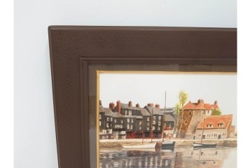 真作　塚越仁慈　油彩　F6号　「オンフルール港風景」　水辺の街並みを描いた絵画　外箱付き　(R-087408)