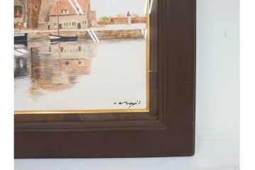 真作　塚越仁慈　油彩　F6号　「オンフルール港風景」　水辺の街並みを描いた絵画　外箱付き　(R-087408)