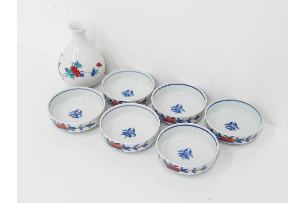 今泉今右衛門　有田焼　錦牡丹絵の花瓶(高さ約13cm)・錦桃画の摘入小鉢6点セット　(R-087411)