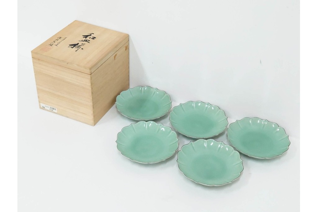 深川製磁　百年庵　和皿揃　笹青磁の皿5枚セット　共箱付き　(R-087413)