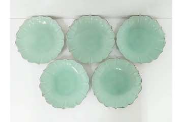 深川製磁　百年庵　和皿揃　笹青磁の皿5枚セット　共箱付き　(R-087413)