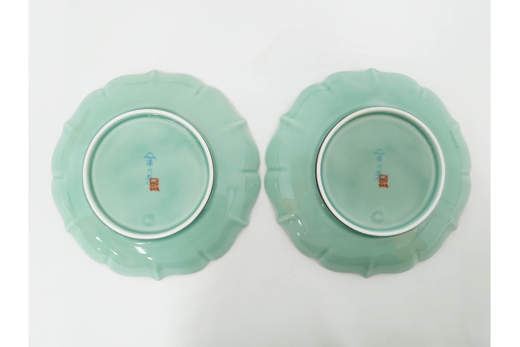 深川製磁　百年庵　和皿揃　笹青磁の皿5枚セット　共箱付き　(R-087413)