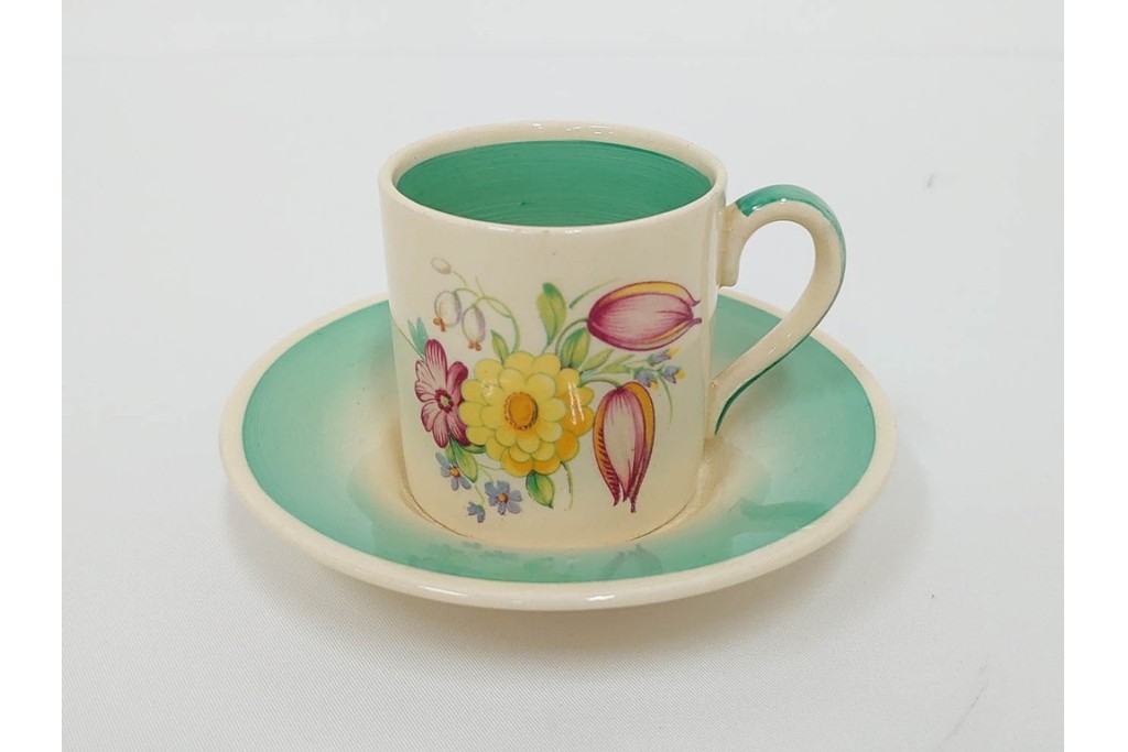 イギリスヴィンテージ　Susie Cooper(スージークーパー)　スワンシースプレイ　ティーポット・クリーマー・プレート・カップ&ソーサー・トリオ6客　洋食器セット　(R-087415)