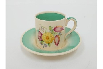 イギリスヴィンテージ　Susie Cooper(スージークーパー)　スワンシースプレイ　ティーポット・クリーマー・プレート・カップ&ソーサー・トリオ6客　洋食器セット　(R-087415)