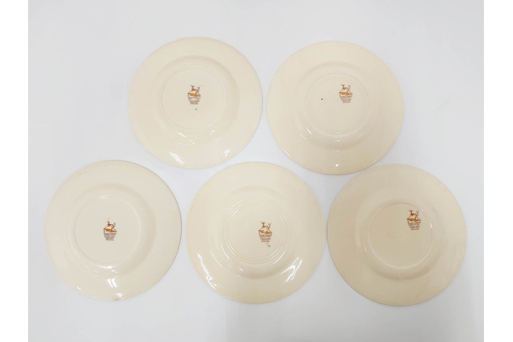 イギリスヴィンテージ　Susie Cooper(スージークーパー)　スワンシースプレイ　ティーポット・クリーマー・プレート・カップ&ソーサー・トリオ6客　洋食器セット　(R-087415)