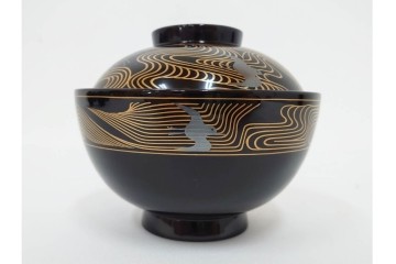 わじま龍作　輪島塗　蒔絵　優美な波千鳥文が描かれたお椀5点セット　共箱付き　(R-087419)