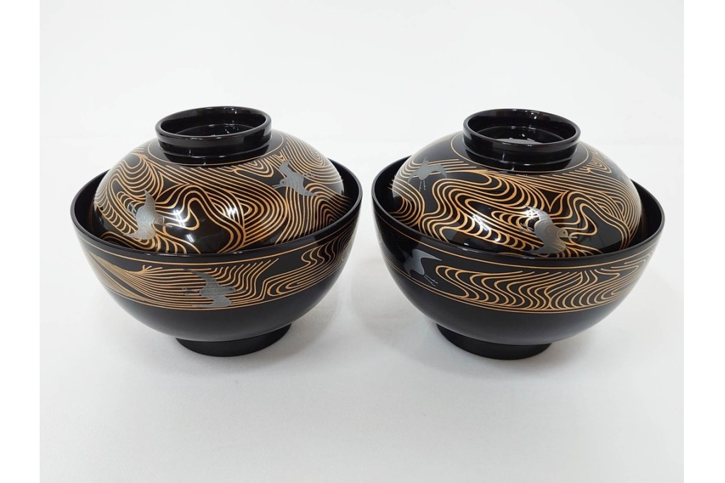わじま龍作　輪島塗　蒔絵　優美な波千鳥文が描かれたお椀5点セット　共箱付き　(R-087419)