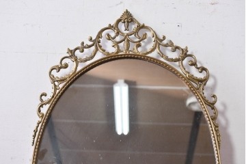 中古　イタリア製　真鍮フレーム　エレガントな透かし装飾の壁掛けミラー　(R-087430)