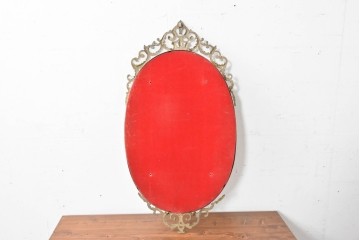 中古　イタリア製　真鍮フレーム　エレガントな透かし装飾の壁掛けミラー　(R-087430)