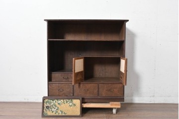 和製アンティーク　華やかな金色の背景に白椿が描かれた槐(エンジュ)材の茶棚　(R-087434)