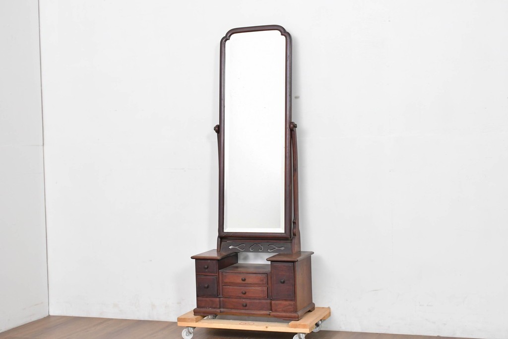 和製アンティーク　指物工芸家具　紫檀(シタン)材　木色が美しい透かし彫り入りの鏡台　(R-087437)