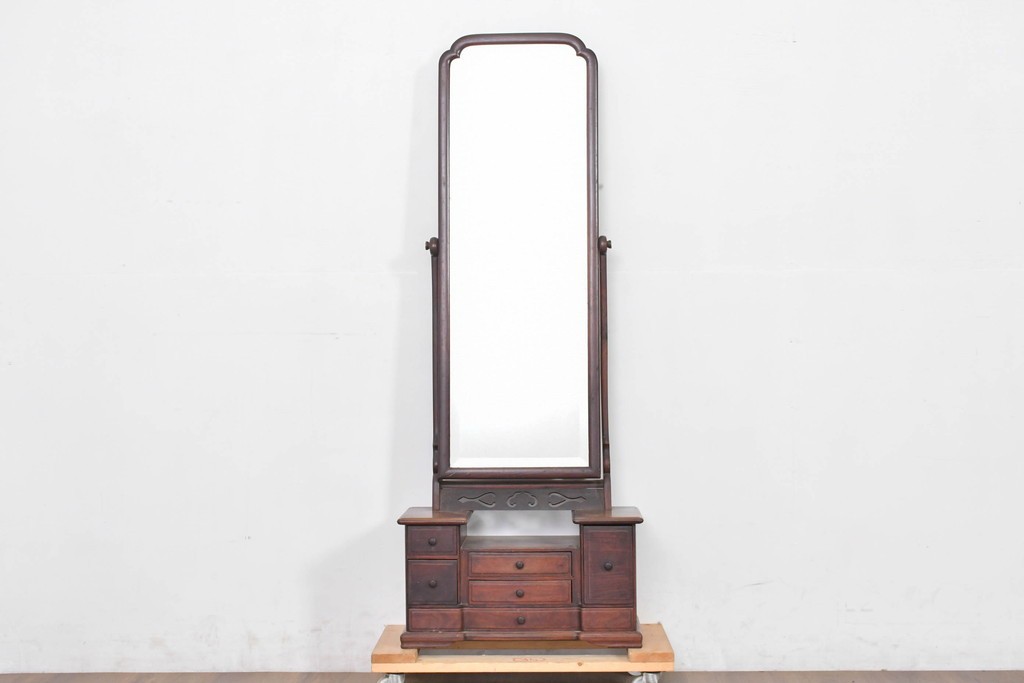 和製アンティーク　指物工芸家具　紫檀(シタン)材　木色が美しい透かし彫り入りの鏡台　(R-087437)