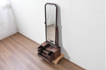 和製アンティーク　指物工芸家具　紫檀(シタン)材　木色が美しい透かし彫り入りの鏡台　(R-087437)