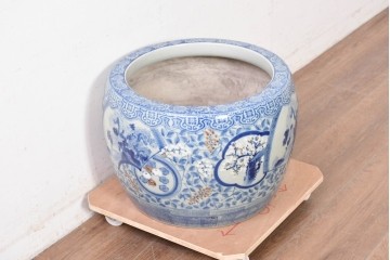 【簡易リペア限定品】　和製アンティーク　濃淡のある染付(梅・松)に金彩のアクセントが映える瀬戸火鉢　(R-087440)