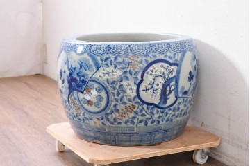 【簡易リペア限定品】　和製アンティーク　濃淡のある染付(梅・松)に金彩のアクセントが映える瀬戸火鉢　(R-087440)