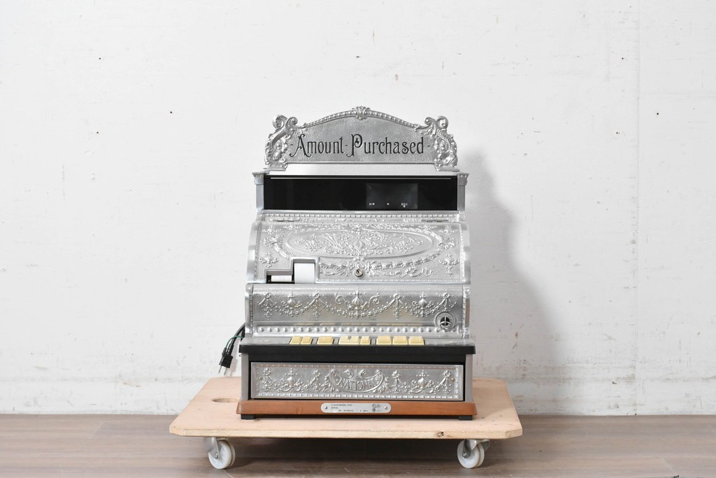 アメリカヴィンテージ　ブラジル製　NCR(ナショナル・キャッシュ・レジスター)社　Class 300復刻版　model 2114-1707　華やかなレリーフのクラシックレジスター(シルバー)　※通電確認済み　(R-087443)