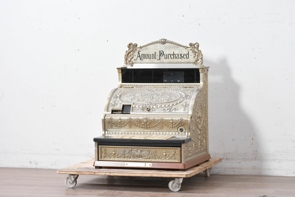 アメリカヴィンテージ　ブラジル製　NCR(ナショナル・キャッシュ・レジスター)社　Class 300復刻版　model 2114-1708　華やかなレリーフのクラシックレジスター(ゴールド)　※通電確認済み　(R-087444)